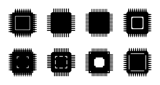 Microchip Icons Set, Computer Processor Vector Graphics, Electronic Component Symbols, Technology Data Chip Silhouettes