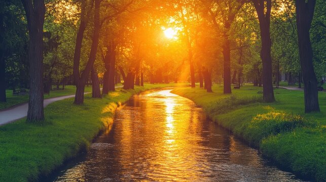 Golden Sunset casting warm light on a tranquil river flowing through a lush park lined with trees