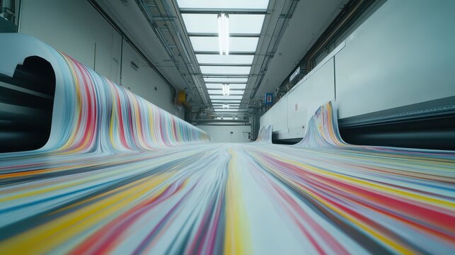 Industrial large format inkjet printing machine in action, showcasing vibrant colors and sharp detail on continuous output.