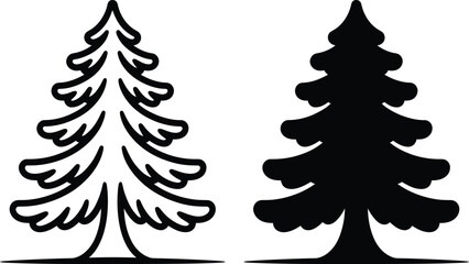 Black and white vector illustration of a coniferous tree and its outline with line art coniferous illustration silhouette evergreen seasonal isolated © msmdesign