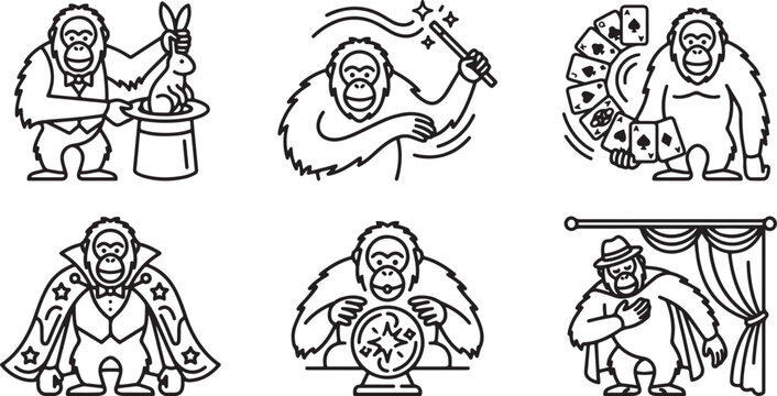 Black and white line art illustration set featuring a funny orangutan performing various magic tricks and stage illusion acts