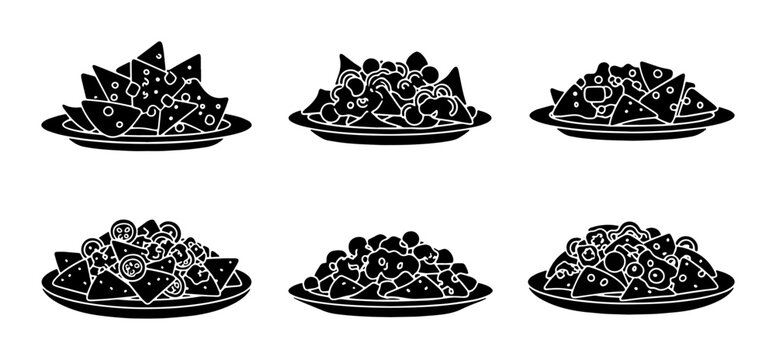 Six Plates of Loaded Nachos, Vector Icons Set: Mexican Food, Snack, Appetizer Graphics