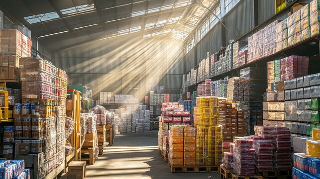 Sunlight streams through a vast retail warehouse filled with towering stacks of unsold merchandise, illustrating overproduction and consumerism.