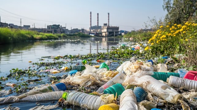 Industrial Pollution Fouling a River with Accumulated Plastic Waste and Debris Under Harsh Sunlight