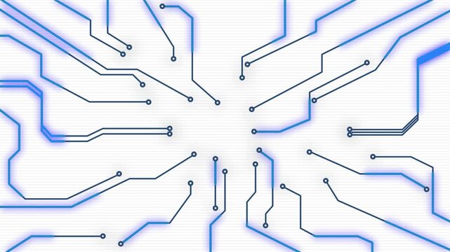 A blue circuit board pattern on a white background with lines radiating from the center.
