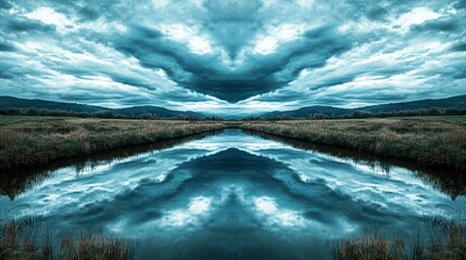 Obraz premium Symmetrical River Reflection Under Dramatic Overcast Sky with Moody Blue Clouds in a Rural Landscape