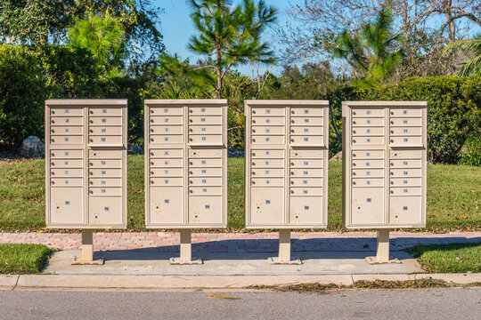 Banks of mailboxes at a residential development.