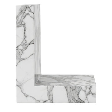 Minimalist white marble bookend shelf in L shape on a transparent background