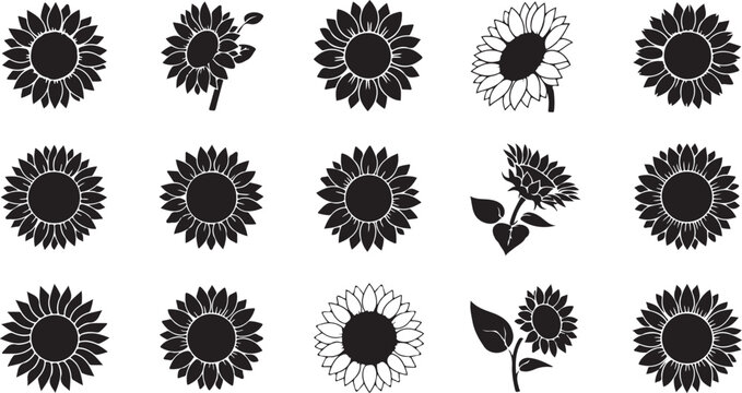 Black Sunflower Icons, Vector Floral Symbols, Black and White Flowers, Graphic Elements