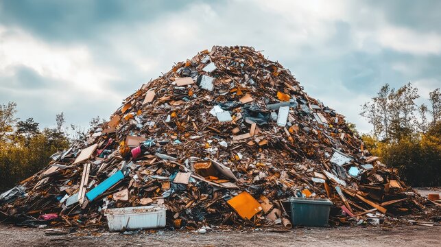 Massive pile of construction debris and rubble in a vacant outdoor lot under an overcast sky