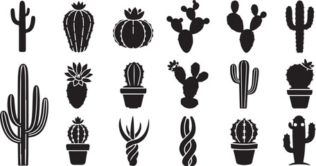 Cactus icons, black cacti silhouettes, prickly plant symbols, vector illustrations © fksamia