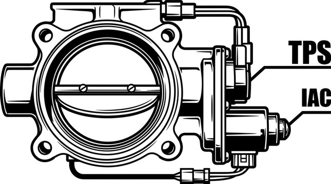 Automotive Throttle Body Assembly with TPS and IAC Components.