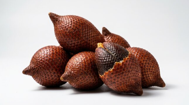 A cluster of exotic salak fruit showcasing unique scaly snake skin textures in a cinematic wide composition, revealing reddish brown organic details and intricate patterns for culinary photography.