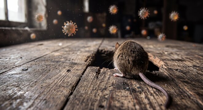 Hantavirus transmission concept with rodent pest on wood floor with left copy space
