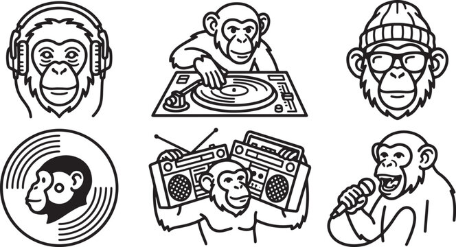 Artistic set of black and white monkey icons featuring musical themes like djing singing and listening to retro boombox audio