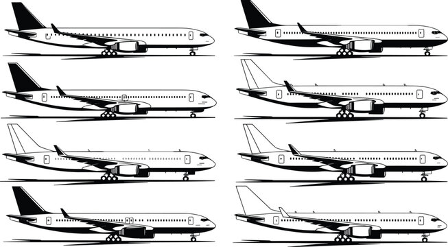 Flat passenger jet aircraft vector collection with commercial airplanes isolated on white background