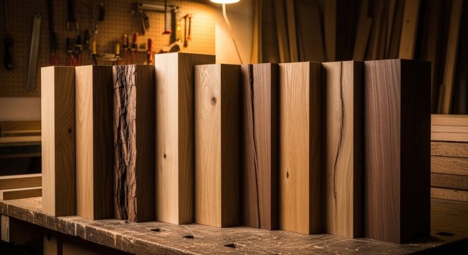 A collection of hardwood timber samples displaying distinct grain and textures arranged on a professional workbench in a woodshop, captured in a widescreen view for woodworking and design projects.