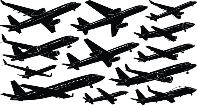 Dynamic airplane silhouette vector illustration with multiple aviation aircraft types isolated background