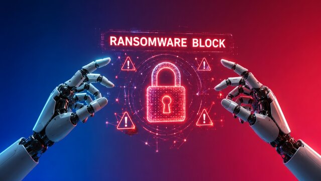 Ransomware block, cybersecurity and robot hands in digital interface for data protection, network security and firewall. AI, technology and software with lock icon, hacker threat and encryption safety