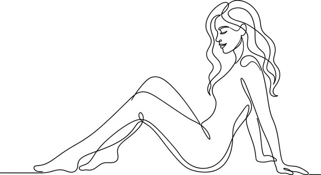 Continuous line drawing of a beautiful woman sitting