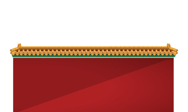 Traditional Chinese Ancient Palace Red Wall with Yellow Glazed Tile Roof Vector Illustration on White Background