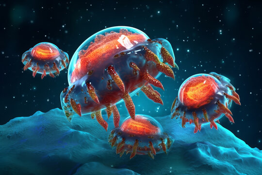 Group of hostile bacteria attacking with sharp edges and dark glow in hyper-realistic 3D render on plain white background