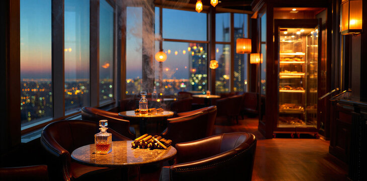 Modern rooftop lounge and bar with large panoramic glass overlooking a city skyline at dusk with tables set with snacks and whiskey decanters for evening drinks twilight interior