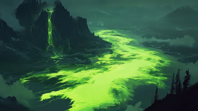 Toxic bright green algae bloom forming vibrant patches on polluted river water, with dark rocky mountains in background