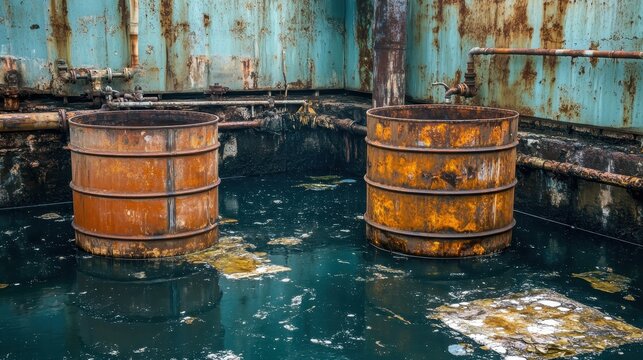 Rusty industrial waste barrels float in polluted river near factory outlet