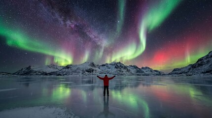 Naklejka premium Person celebrating beneath vibrant aurora borealis over frozen landscape