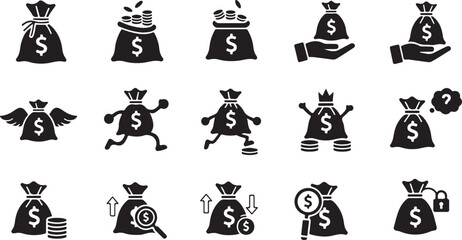 Obraz premium Money Bag Icons, Financial Symbols, Black Vector Graphics, 20 Royalty-Free Illustrations