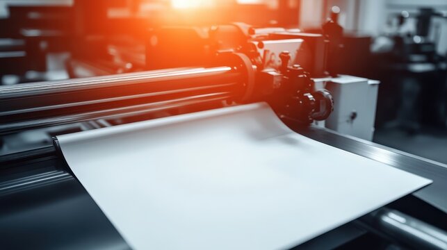 White paper sheet being fed into a large industrial printing press under warm studio lighting, highlighting the production process.
