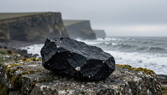 Atmospheric Raw Whitby Jet on Weathered Coastal Rock