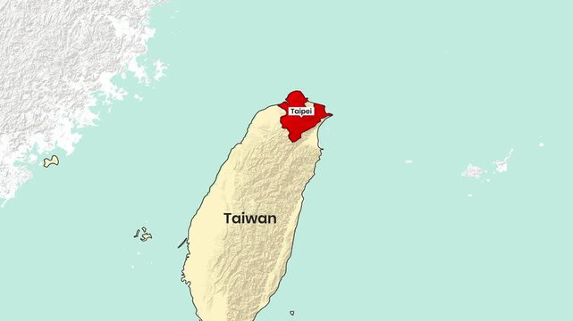 Animated map highlighting the capital city of Taipei within the island nation of Taiwan
