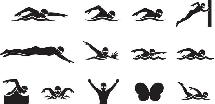Swimming icons, black silhouette symbols, athletic strokes, pool exercises