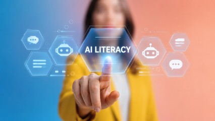 AI literacy, technology and woman with digital interface for education, machine learning and future skills. Business person, finger and touching screen with chatbot icons, virtual work and data