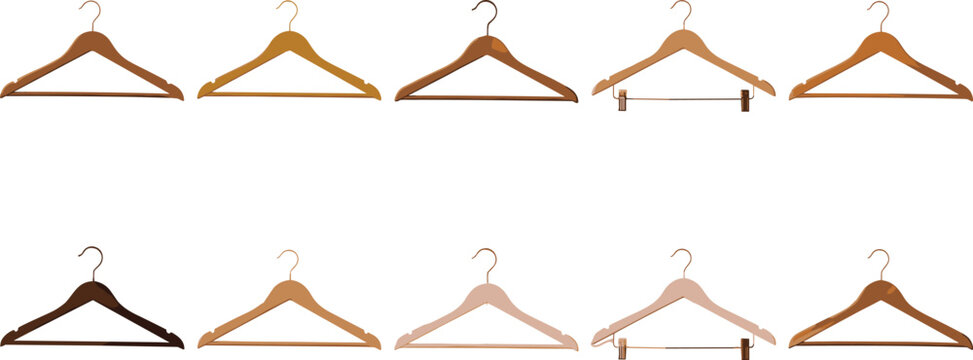 Realistic Wooden Clothes Hanger Collection in Various Brown and Beige Tones Isolated on White Vector Set