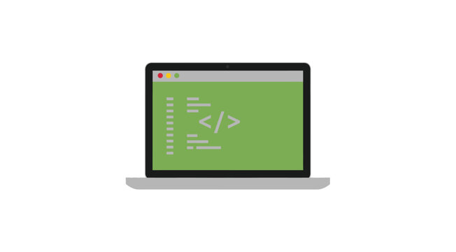 Laptop with code symbol on screen on transparent background