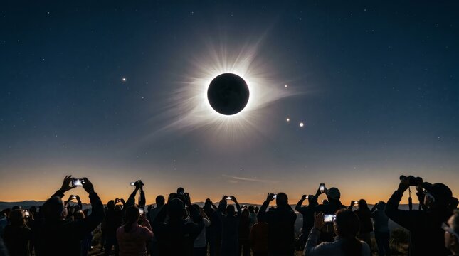 Crowd viewing total solar eclipse with smartphones held high