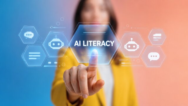AI literacy, technology and woman with digital interface for education, machine learning and future skills. Business person, finger and touching screen with chatbot icons, virtual work and data