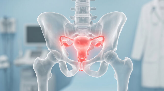 Human pelvis and female reproductive system with highlighted uterus human skeleton medical