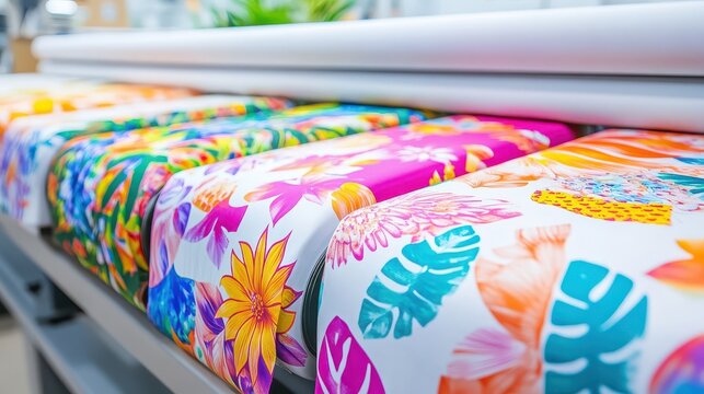 Vibrant Floral Fabric Rolls Being Printed in a Dynamic Textile Production Environment