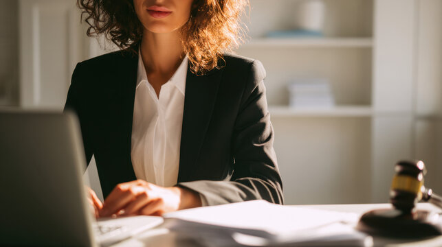 Professional female lawyer working on laptop with legal documents in modern office