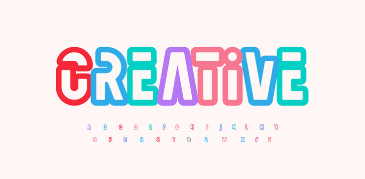 Creative alphabet, rainbow colors, modern geometric font. Bright colorful type for futuristic or kid logo, headline, lettering and typography. Trendy style letters, vector typographic design
