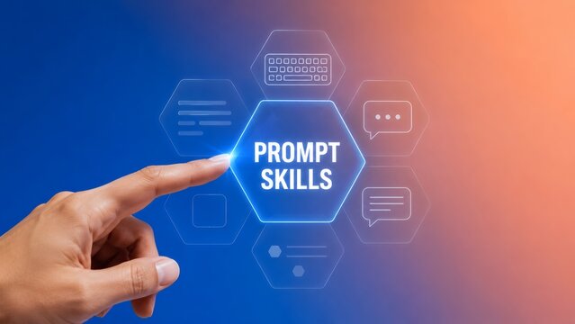 Prompt skills, artificial intelligence and engineering with digital interface for business, technology and innovation. Hand, automation and future with chatbot, machine learning and digital growth