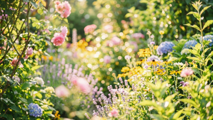 Fototapeta premium Garden flowers bloom in a vibrant outdoor oasis during a sunny spring afternoon, showcasing a variety of colorful blossoms.