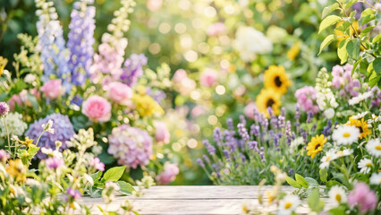Obraz premium Flower garden provides a serene backdrop with diverse seasonal blooms and a wooden surface in the foreground for display.