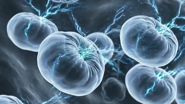 Mitochondria generating glowing cellular energy inside a transparent human cell, subtle electric pulses flowing through organic structures