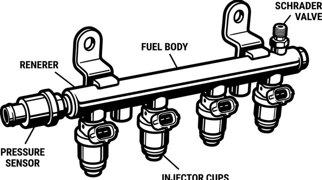 Automotive Fuel Injector Rail System Diagram.