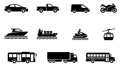 Obraz premium Transportation and vehicle icon set featuring black silhouettes of car, truck, bus, boat, and motorcycle for logistics and travel design